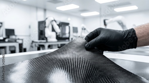 Modern manufacturing concept showing a hand in a black glove inspecting carbon fiber in a high-tech facility.
