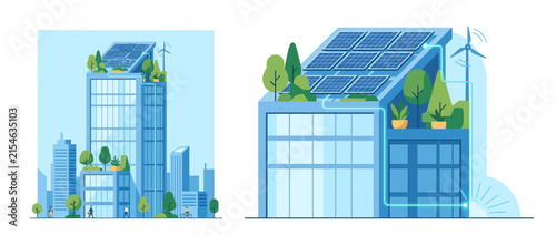 Eco-friendly skyscraper with solar panels and wind turbine, green city concept