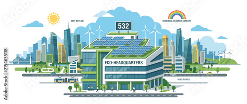Eco Headquarters Cityscape with Solar Panels and Wind Turbines
