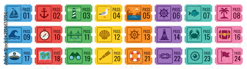 Collection of Nautical Themed Pass Tickets Isolated on Transparent Background