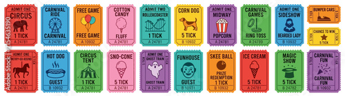 Carnival and Circus Tickets Collection: Funfair Attractions, Games, Food, Isolated
