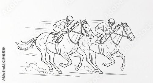 Minimalist horse racing line drawing featuring jockeys riding thoroughbred horses side by side