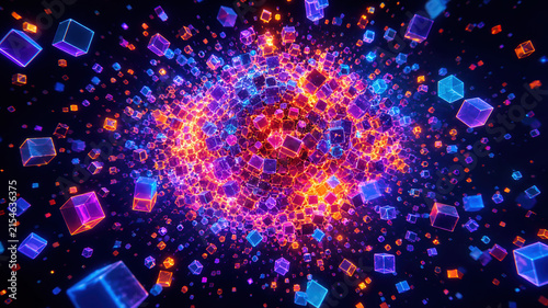 Neon cube abstract digital background energy explosion glowing fractal particle vortex Neon cube abstract digital background energy explosion