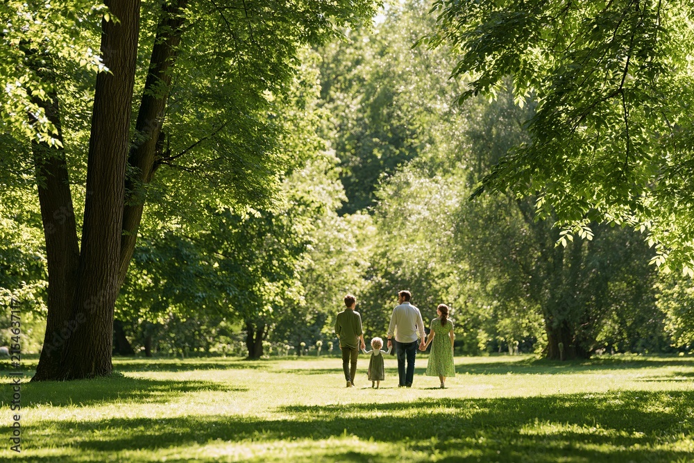 Fototapeta premium Family walking hand in hand through a lush green park in Central Europe, surrounded by tall trees and vibrant foliage, enjoying a sunny day outdoors
