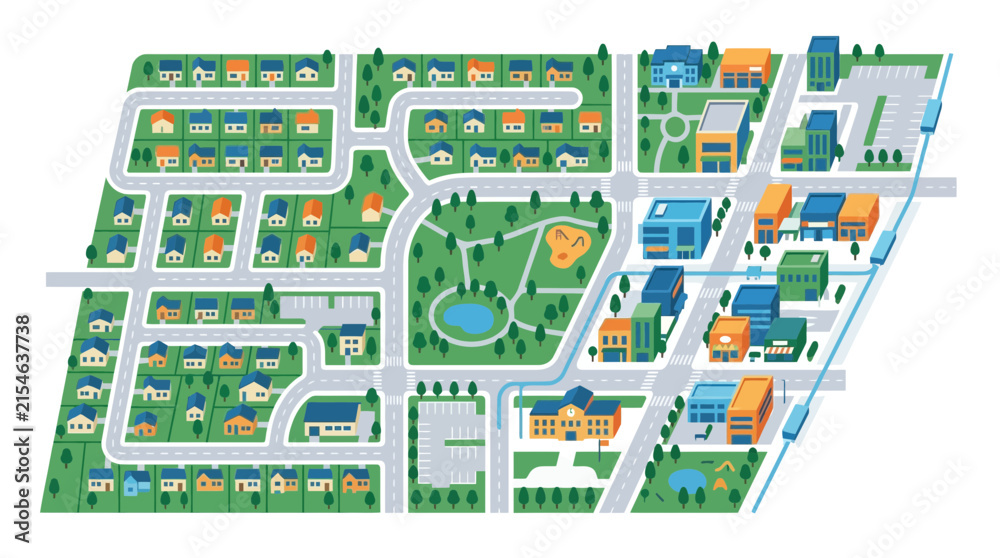 Fototapeta premium Isometric City Map Illustration with Residential and Commercial Districts