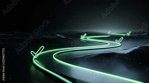 Glowing green light trail with checkmark milestones on dark terrain representing digital progress and business growth.