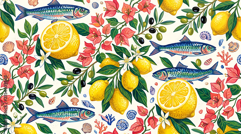 Mediterranean seamless pattern with fresh lemons, sardines, and bougainvillea flowers, Italian style citrus and seafood background