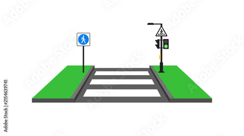 Pedestrian Crossing, Traffic Light, and Walk Sign Isolated