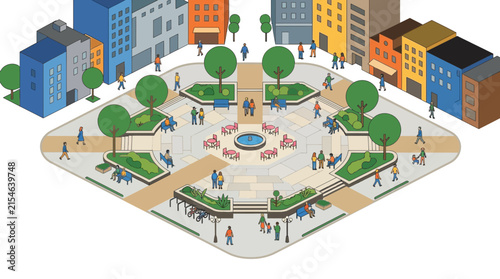 Isometric City Square with People and Buildings - Urban Lifestyle