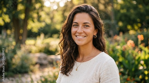 Portrait of a smiling young woman with long wavy brown hair, wearing a white linen shirt and gold jewelry, standing in a sunlit garden at golden hour