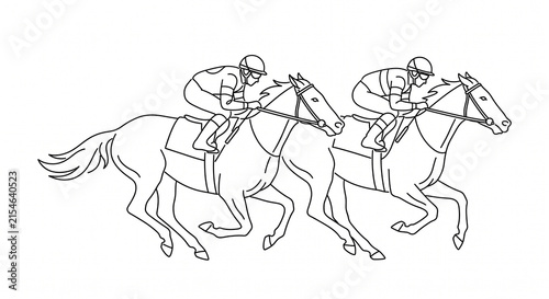Minimalist horse racing line drawing featuring jockeys riding thoroughbred horses side by side
