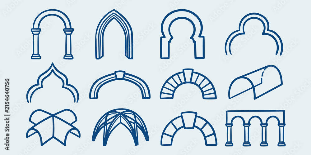 Fototapeta premium Architectural arch and vault element icons with architecture building structure construction entrance passageway monument heritage classical ornamental architect interior exterior