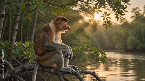 Proboscis Monkey Sitting Beside a River at Golden Sunset in Borneo. 4K