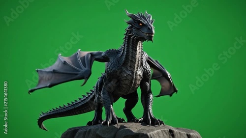 Dark Fantasy Dragon Standing on Rock With Wings Spread Green Screen 4K