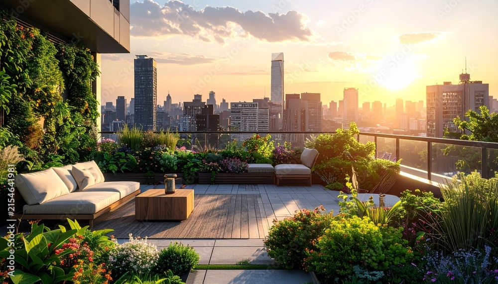 Fototapeta premium Urban Rooftop Garden with City Skyline at Sunset