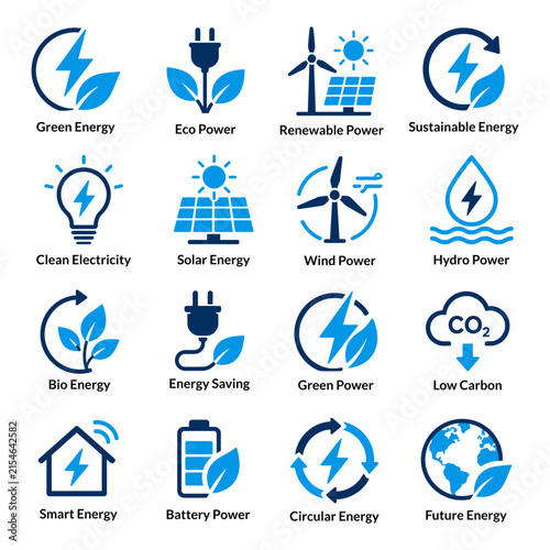 Renewable Energy and Clean Power Icon Set with Sustainable Electricity Symbols