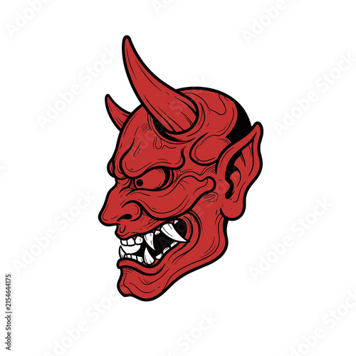 Foto Red Oni Mask Illustration with Sharp Teeth