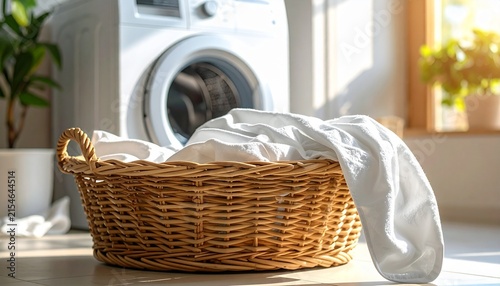 Laundry Basket with Clean Clothes in Bright Laundry Room