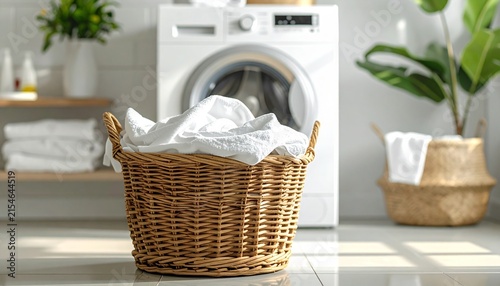 Laundry Basket with Clean Clothes in Bright Laundry Room