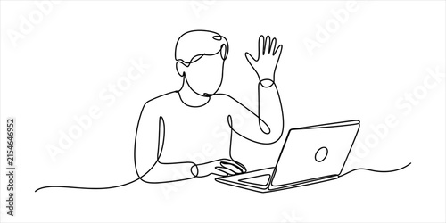 Continuous single line drawing of a person waving hand while working on a laptop computer during a remote video call meeting for business communication