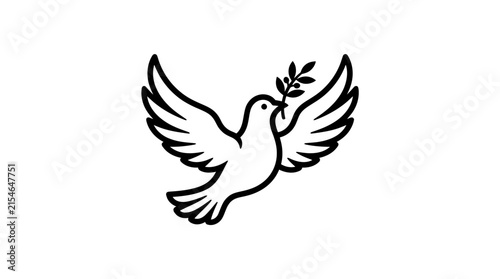 Black and white line art illustration of a dove flying with an olive branch, symbolizing peace and hope.