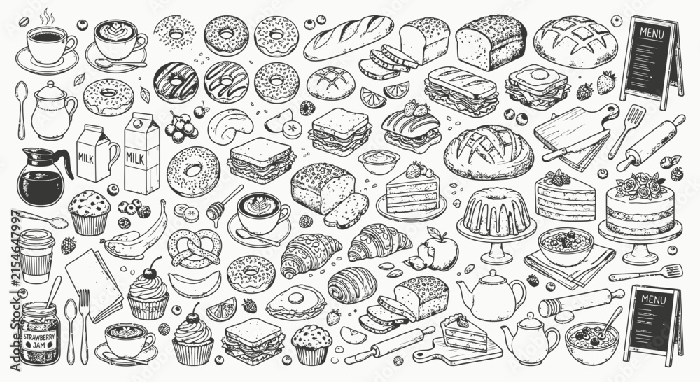 Obraz premium Large collection of hand-drawn breakfast and bakery doodles featuring coffee, donuts, bread, croissants, cakes, fruit, and kitchen utensils in black and white line art style.
