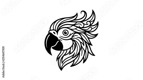 Stylized black and white line art illustration of a parrot's head with intricate feather details.