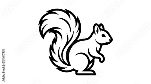 A black and white line art illustration of a squirrel standing on its hind legs with a bushy tail.
