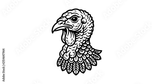 Detailed black and white illustration of a turkey's head with wattle and feathers, facing left in a stylized manner.