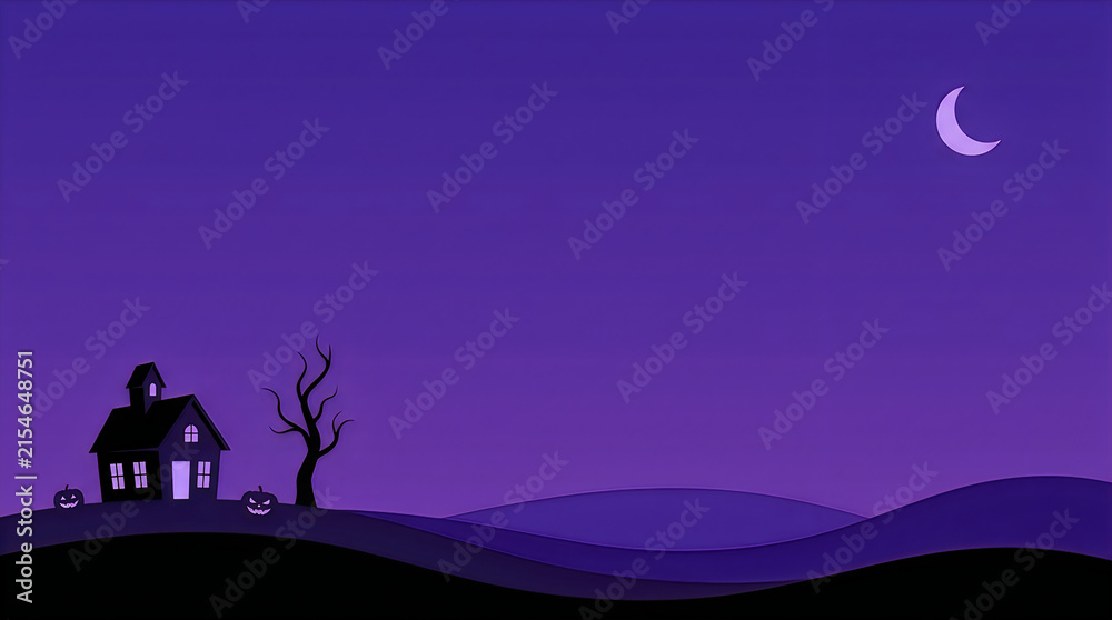 Naklejka premium Silhouette of small house and person under full moon at night on hilltop landscape.