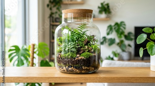 Beautiful mini terrarium with assorted green plants on a wooden table in a brightly lit room.