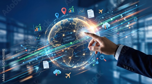 Businessman hand pointing at global strategy innovation earth globe with network connections and digital icons, international marketing for corporate success and future planning
