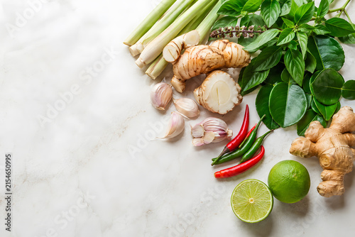 Thai herbs and spices ingredients with copy space
