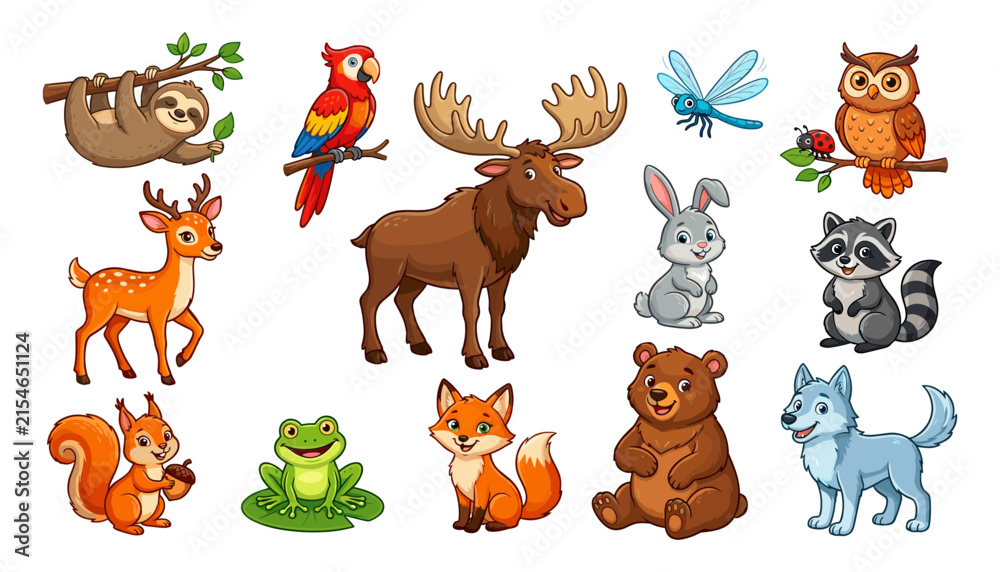 Obraz premium Cute Forest Animals Vector Set with Cartoon Deer, Bear, Fox, Owl, and Squirrel Characters for Kids Birthday Cards, Nursery Decor, and Educational Designs