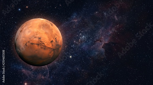 Red planet Mars in deep space with starry, astronomical view of solar system neighbor, exploration and universe, cosmic imagery for science projects