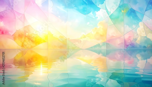 Abstract pastel stained glass landscape with colorful sky reflection in calm water surface background