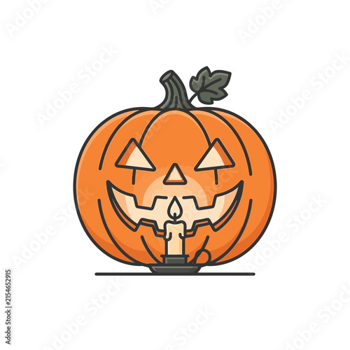 Halloween jack o lantern vector illustration, spooky carved pumpkin with burning candle, autumn holiday graphic element isolated on White Background editable SVG
