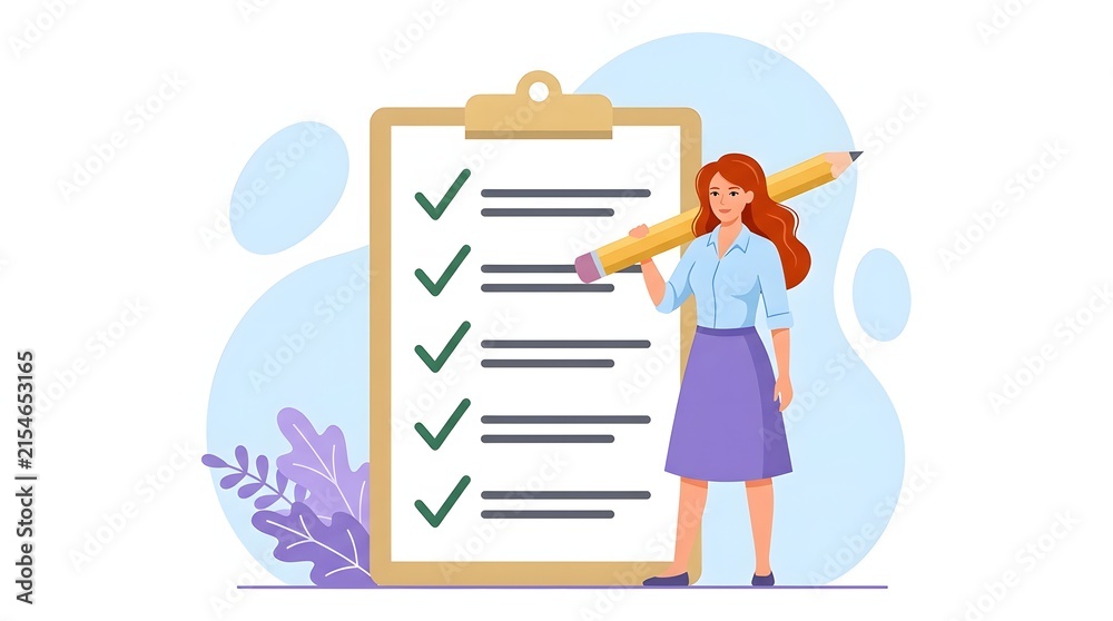 Fototapeta premium Young professional woman marking completed tasks on checklist with pencil in office setting