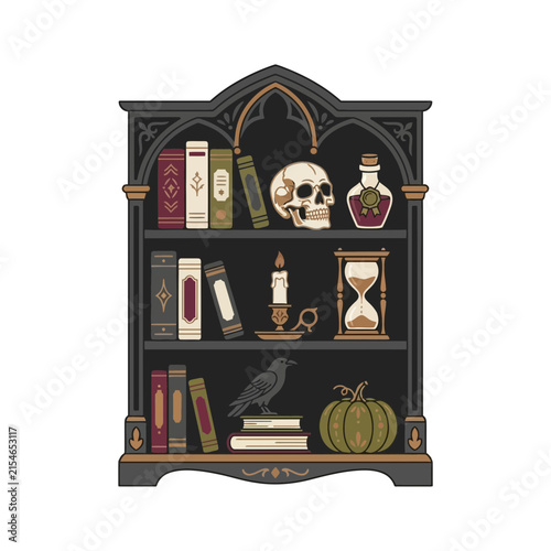 Foto Gothic dark academia bookshelf vector, mystical library with skull and raven, oc