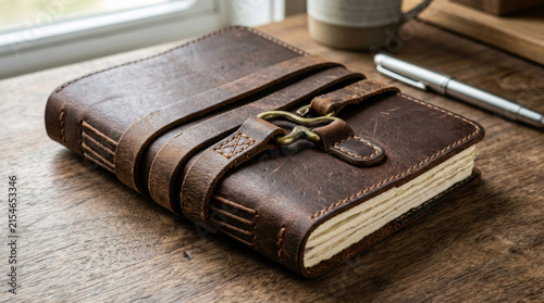 Rustic brown leather journal with buckle closure and stitched binding, vintage diary notebook.