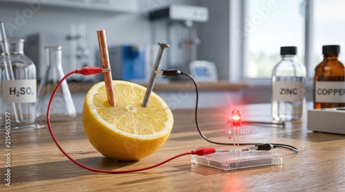 Lemon battery experiment powering red LED light with copper and zinc electrodes science education.