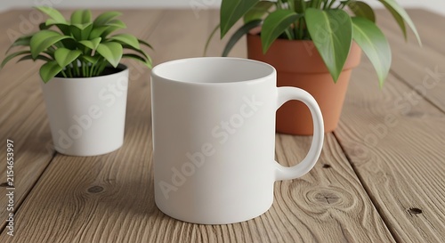 White Coffee Mug with Green Plants on Wooden Table Minimalist Still Life Composition