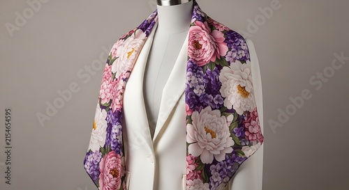 Floral silk scarf draped elegantly on mannequin with soft pastel background