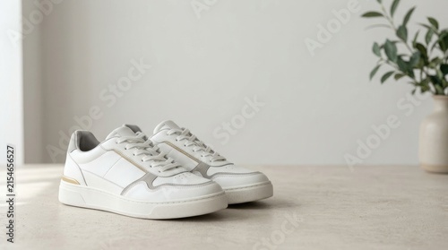 A pair of white leather sneakers rests on a light-colored wooden surface. A potted plant with green leaves is blurred in the background.