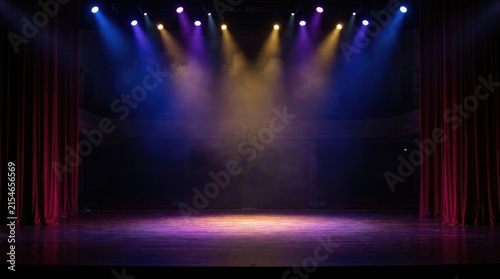 Bright stage lights illuminate an empty theater stage. Red curtains frame the stage, and a thick fog hangs in the air, creating a dramatic effect.