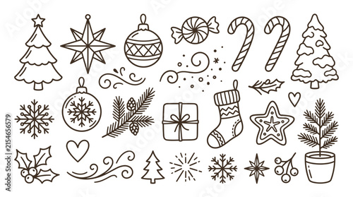 Set of hand drawn Christmas holiday doodle icons and decorative elements.