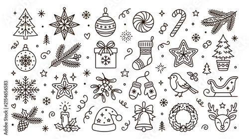 Set of hand drawn Christmas holiday doodle icons and design elements.