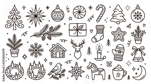 Set of hand drawn Christmas holiday festive doodle elements.