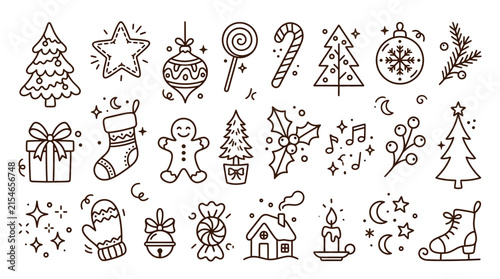 Set of hand drawn doodle christmas icons and holiday elements.
