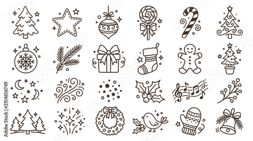 Set of hand drawn Christmas icons and winter holiday elements.